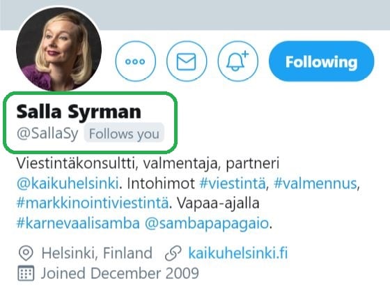 Esimerkkikuva Twitter-profiilista.